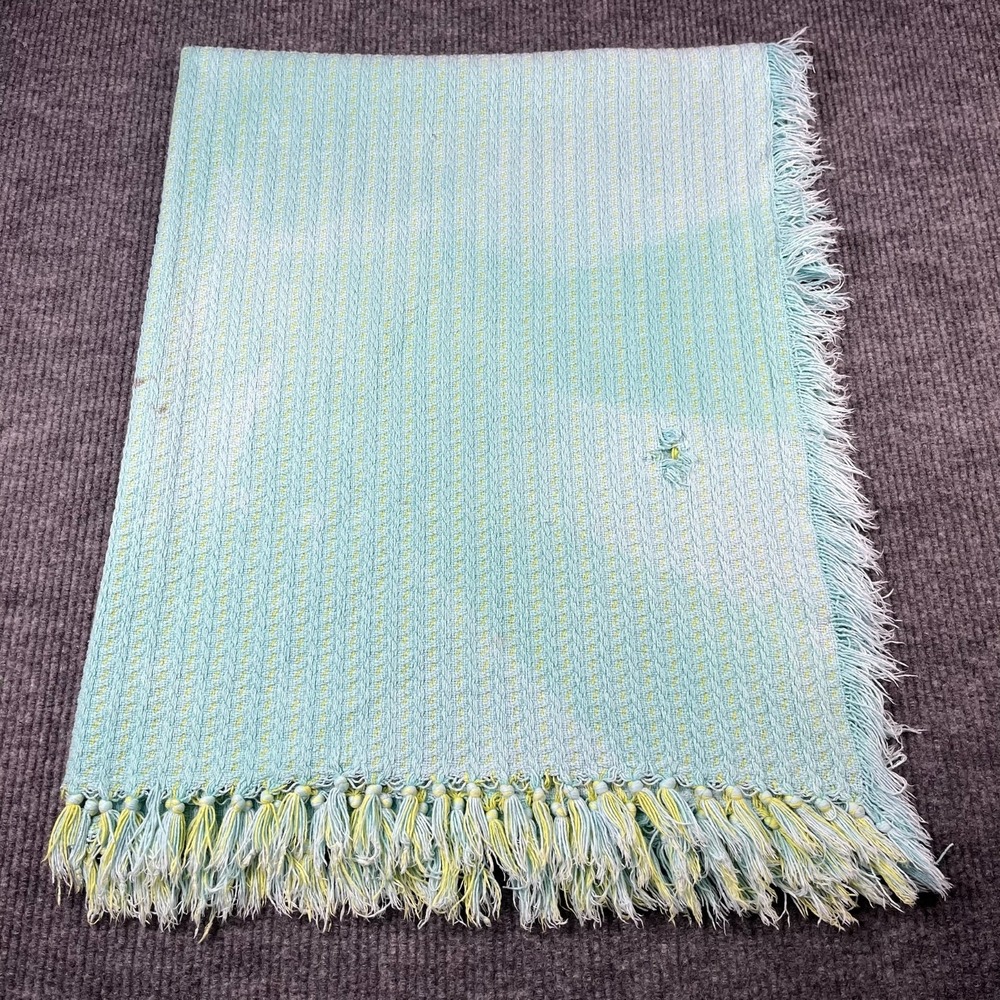 Vtg Knit Blanket Blue Yellow Fringe Unisex Cotton Throw Blanket - Picture 12 of 14